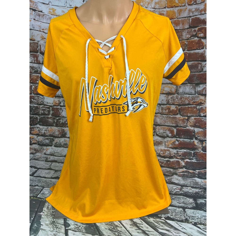 Women's Nashville Predators Yellow Lace Up V Neck T Shirt XL NHL Hockey‎